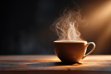 A steaming cup of coffee on a wooden table.