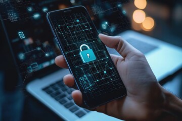 Hand holding smartphone displaying digital security lock symbol with glowing cybersecurity and data protection graphics in front of laptop keyboard