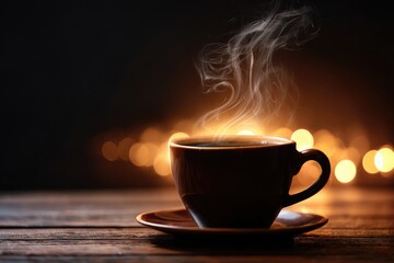 Steam rising from a hot beverage on a wooden surface.