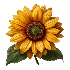 A vibrant yellow sunflower with detailed petals and green leaves is isolated on transparent background, showcasing its natural beauty and intricate design