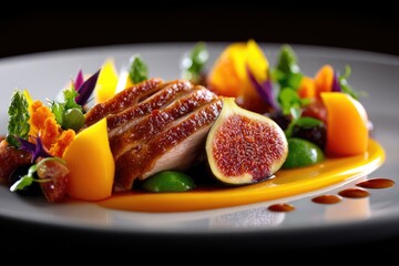 Sliced roasted duck breast with fig, pur?e, and vegetables.
