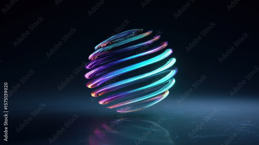 Poster glowing sphere with colorful light trails against a dark reflective background in a studio setting