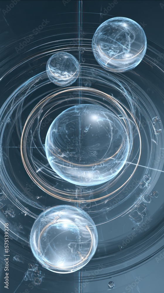 Fototapete a digital rendering featuring multiple transparent spheres with swirling patterns and circular lines