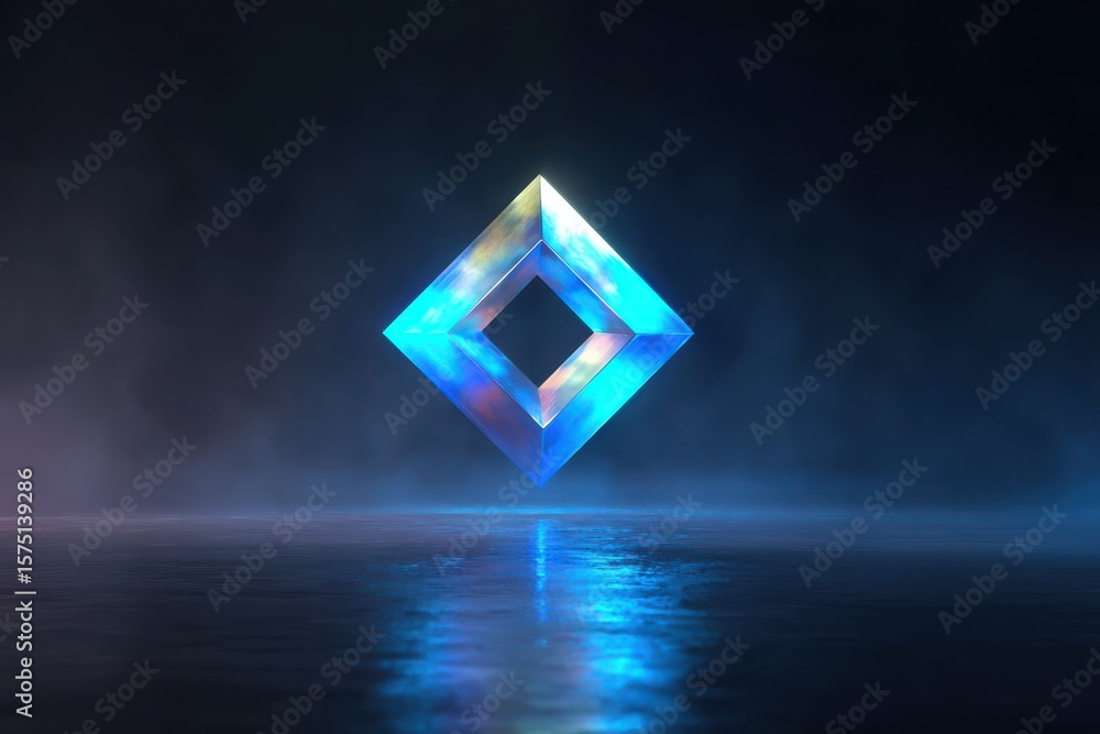 Poster iridescent diamond shape floating above a reflective surface in a dark and smoky environment