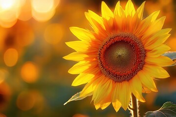 Close-up of a vibrant yellow sunflower with detailed petals and seeds glowing warmly against a softly blurred golden background evoking warmth and tranquility