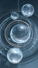 A digital rendering featuring multiple transparent spheres with swirling patterns and circular lines around them