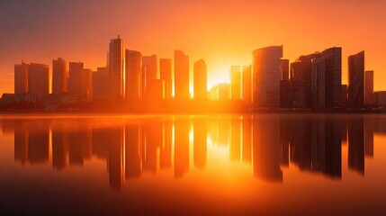 Sunrise over a city skyline reflected in the water.