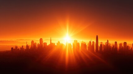City skyline silhouettes bathed in sunrise light.