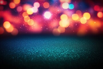 Colorful bokeh lights with glowing orange, pink, red, and blue spots above a textured surface creating a dreamy and festive atmosphere