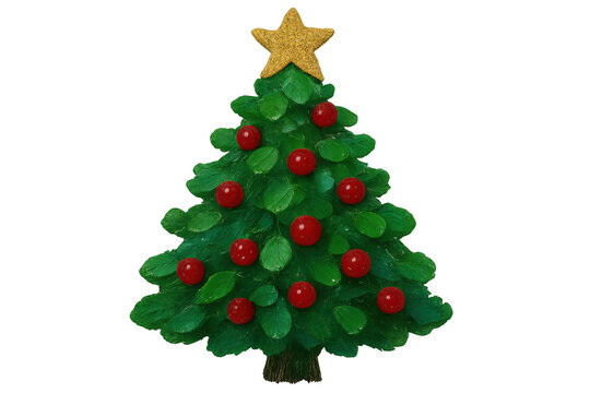 Festive clay christmas tree decorated with red ornaments and topped with a gold star, isolated on a transparent background