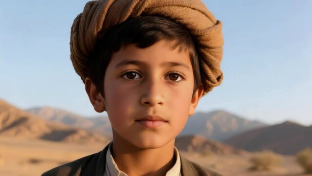 niño pakistaní , luciendo un tradicional pakol de lana color tierra