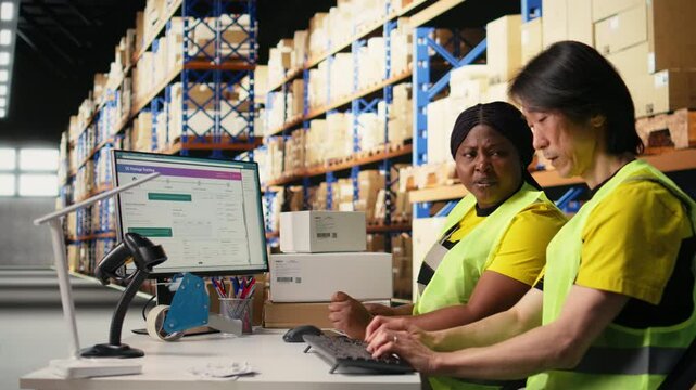 African american and asian workers reviewing shipment route and details for the real time parcel tracking info on computer software, managing order fulfillment in a logistics center. Camera A.