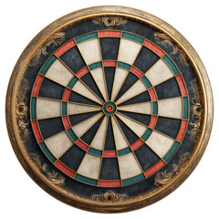 Vintage Dartboard Design with Gold Accents on a white background.