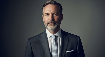 A man in a suit with a beard and tie looking at the camera