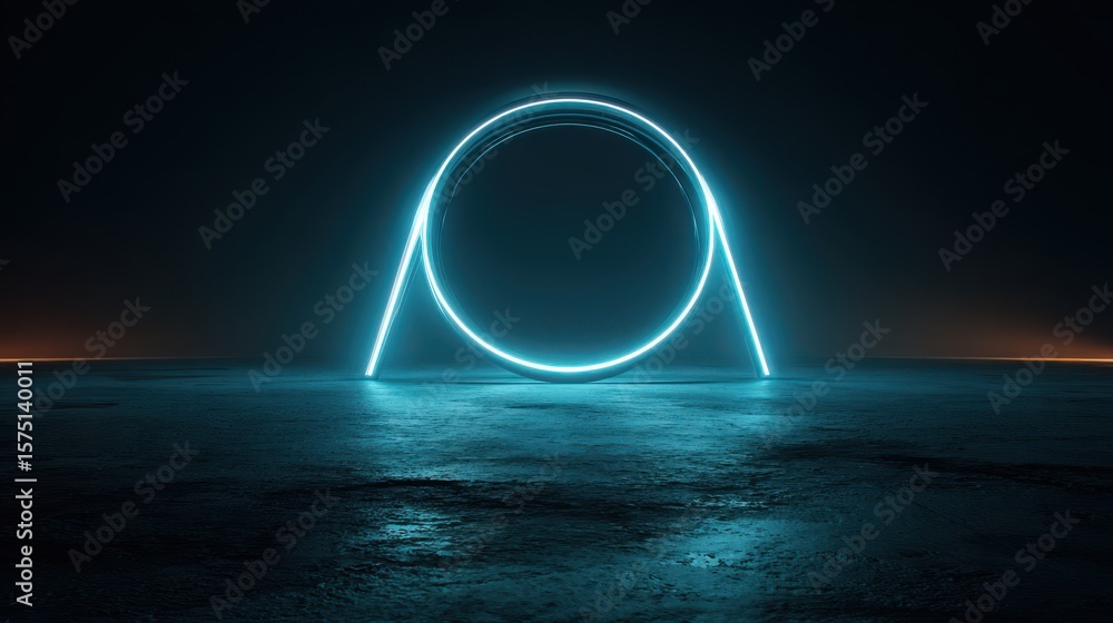 Aufkleber glowing neon circle with angled supports on a reflective surface in a dark abstract space