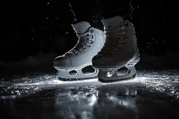 Close-up of white ice skates gliding on illuminated ice surface at night with ice particles scattering