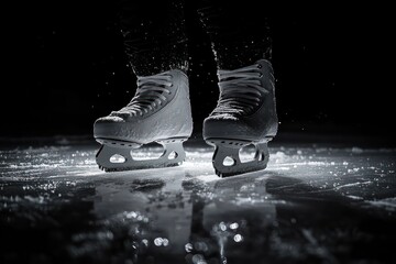close-up of white ice skates gliding on ice with ice particles flying around under dramatic lighting