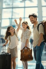Smiling man standing with two happy young girls raising hands at airport terminal with suitcase and travel bags ready for trip