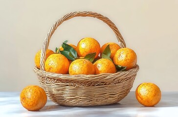 Basket filled with fresh ripe oranges with green leaves on a white surface and neutral background