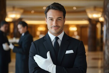 Confident male hotel staff member in formal suit and white gloves standing with arms crossed in a luxurious hotel lobby with warm lighting and blurred colleagues in the background