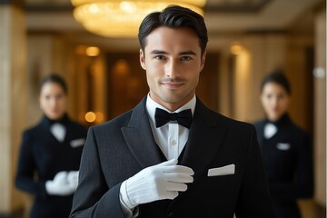 Confident male butler in black tuxedo and white gloves posing with two female waitstaffs blurred in background in elegant setting