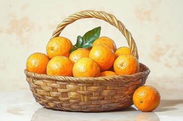Wicker basket filled with fresh ripe oranges and green leaves on a smooth surface with a light beige background