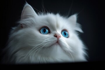 close-up of a fluffy white cat with striking blue eyes looking upwards with a curious and serene expression against a dark background