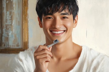 Young man with dark hair smiling brightly while holding a toothbrush near his face in a bright indoor setting