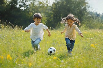 Two children running joyfully through a sunny wildflower meadow chasing a black and white soccer ball with green trees in the background