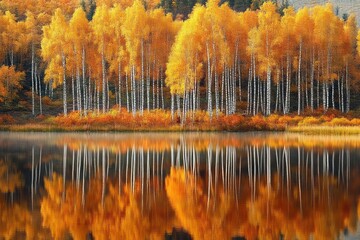 Calm lake reflecting tall birch trees with bright yellow and orange autumn foliage on a clear day