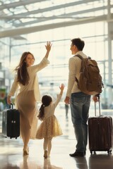 Happy family of three with luggage waving as they walk through bright airport terminal