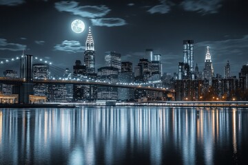 Nighttime city skyline with illuminated skyscrapers and suspension bridge reflecting on calm water under a glowing full moon and cloudy sky