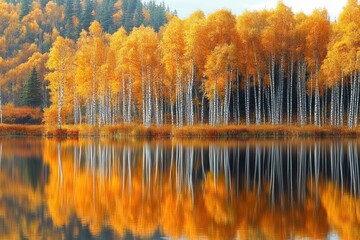 Autumn birch trees with bright orange leaves reflecting vividly on a calm lake surrounded by dense forest under soft daylight