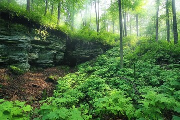lush green forest with dense foliage and tall thin trees surrounding rocky cliff under soft daylight