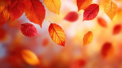 Falling autumn leaves in vibrant colors.