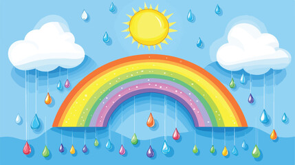 Vibrant Rainbow Sun and Clouds with Colorful Raindrops