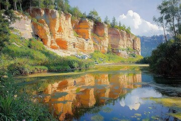 Serene river flowing alongside tall orange sandstone cliffs with lush greenery and trees under a bright blue sky with fluffy white clouds reflecting in the calm water