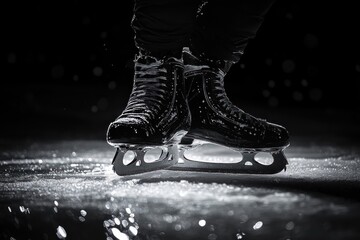Close-up of black ice skates gliding on sparkling ice surface with water droplets captured in motion in low light