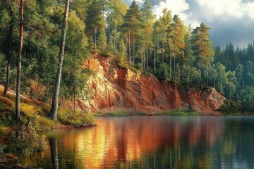 Calm lake reflecting golden sunlight with tall pine trees growing on rocky cliffs and lush green forest under a partly cloudy sky