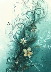 Abstract floral design with swirling vines and delicate flowers in soft teal and cream colors evoking elegance and calmness