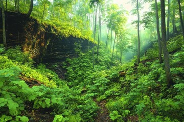 Lush green forest valley with sunlight filtering through tall trees and dense undergrowth creating a peaceful natural scene