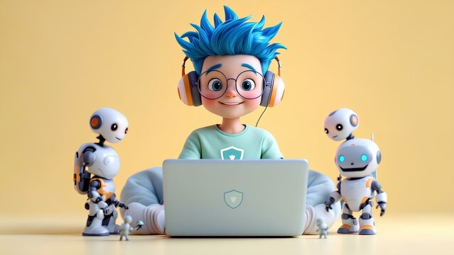 Cute Boy Learning Coding and Robotics with AI Helper Bots