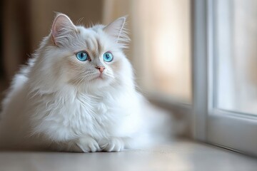 fluffy white cat with striking blue eyes gazing thoughtfully out a bright window in soft natural light