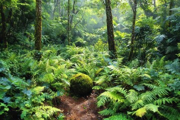 Lush green forest with dense fern undergrowth and tall moss-covered trees bathed in soft sunlight creating a serene and peaceful atmosphere