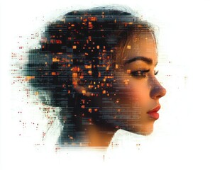 Profile of a young woman with digital glitch effects and abstract pixelated data surrounding her face and hair, conveying a futuristic and technological mood