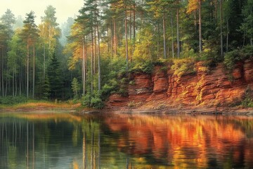 Calm forest lake with tall pine trees and red rocky cliff reflecting in smooth water during golden hour