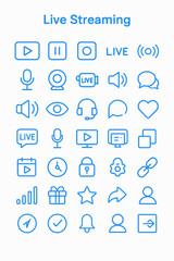 Collection of blue line icons representing live streaming functions and interface elements on a white background.