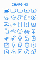 A collection of blue line icons representing various charging symbols for devices and batteries.