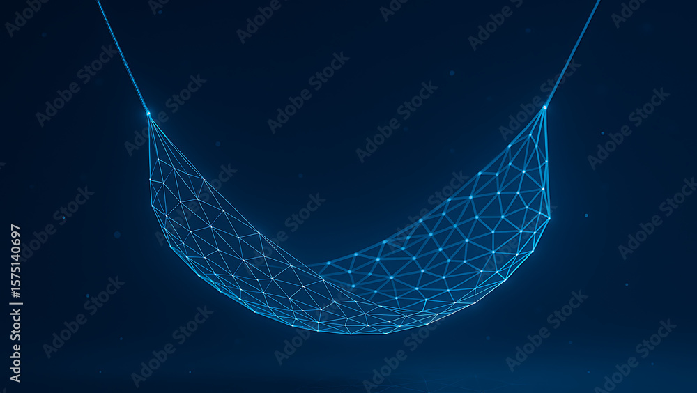 Poster blue glowing hammock rendered in polygon style symbolizing national hammock day in a digital futuris