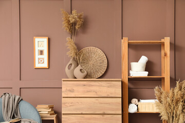 Chest of drawers and shelving unit near brown wall in interior of living room, closeup